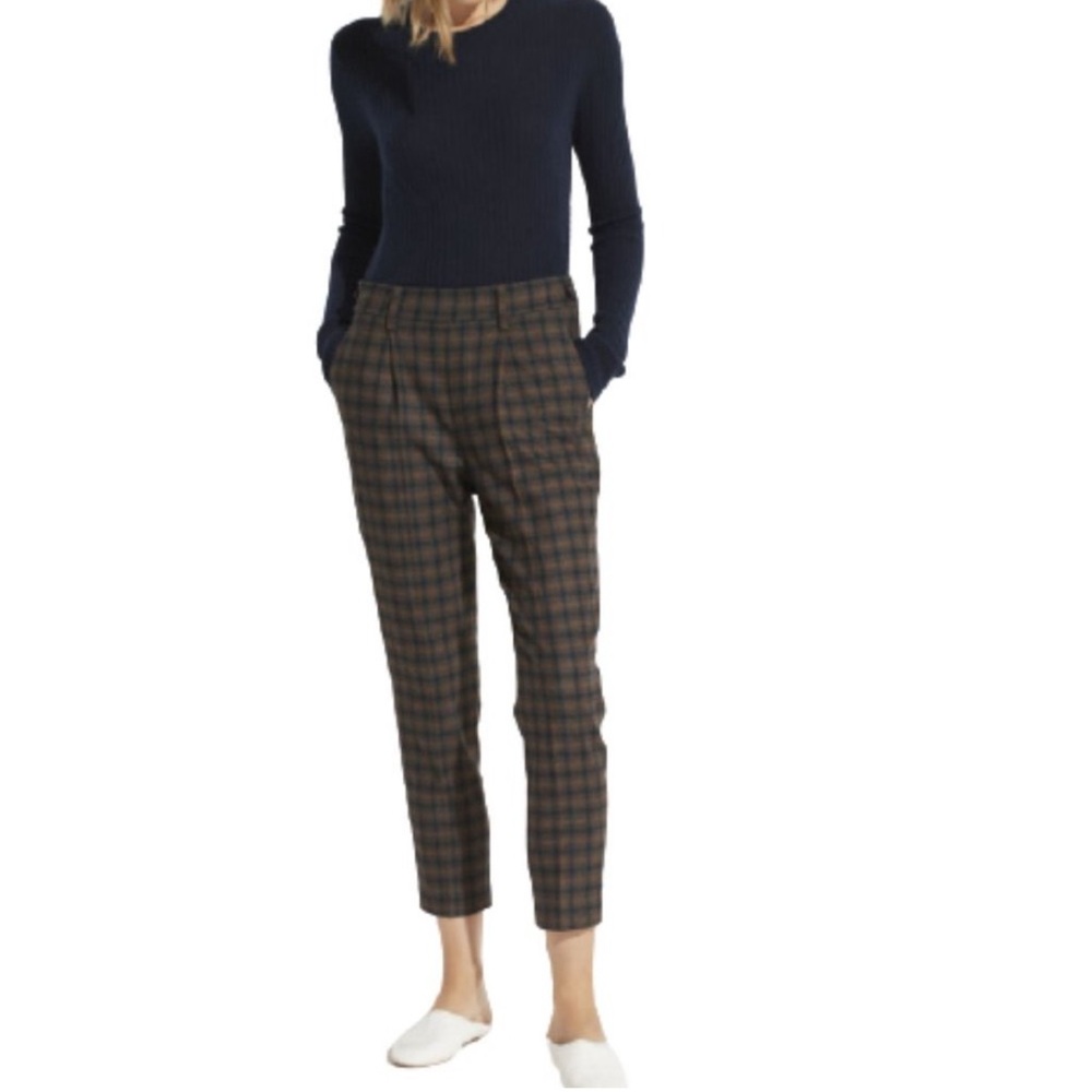 Vince Plaid Pull-On Wool Blend Pants Brown Black Trousers Tailored Office Size S
